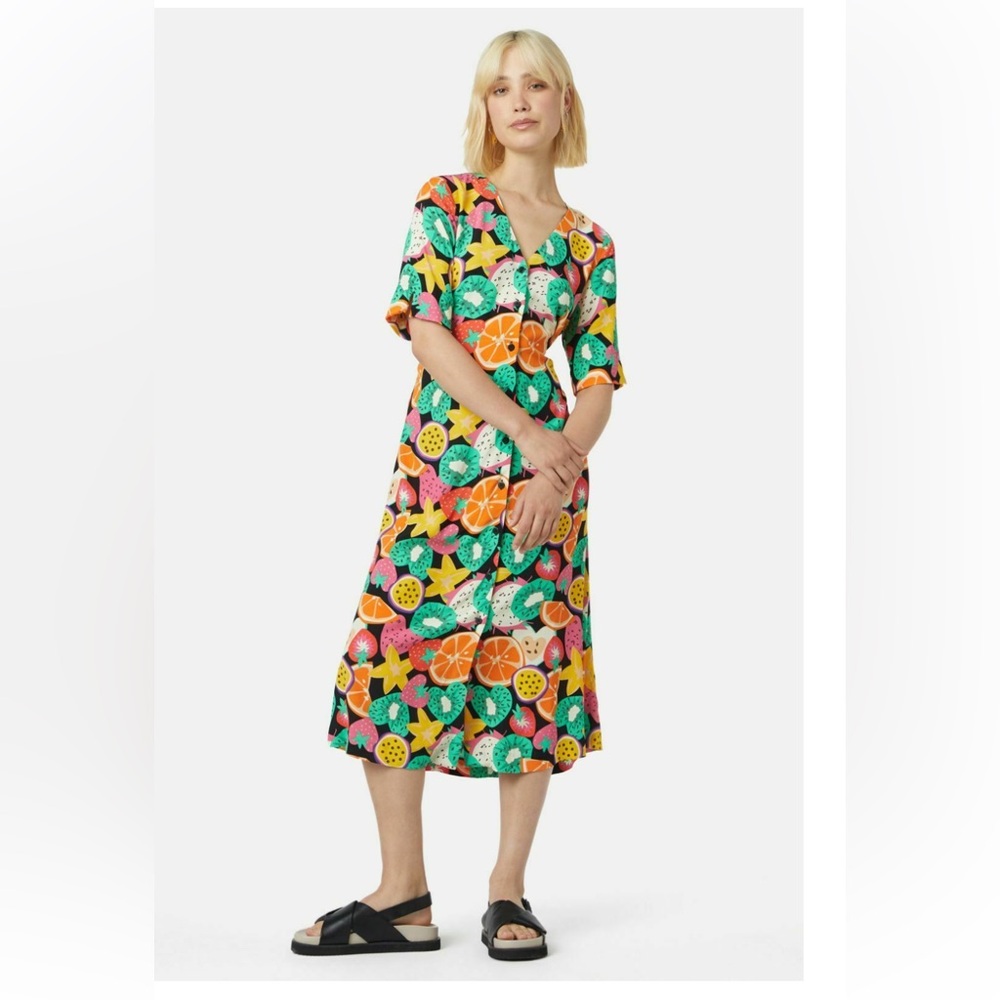 GORMAN multicolored Puff Sleeve V -Neck Midi fruit Dress Sz 16 NWT